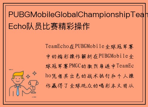 PUBGMobileGlobalChampionshipTeamEcho队员比赛精彩操作