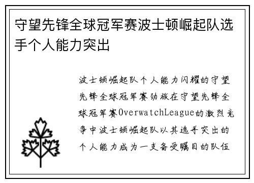 守望先锋全球冠军赛波士顿崛起队选手个人能力突出